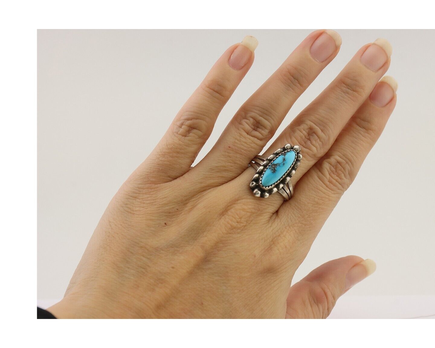 Navajo Ring 925 Silver Sleeping Beauty Turquoise Artist Signed SC C.80's