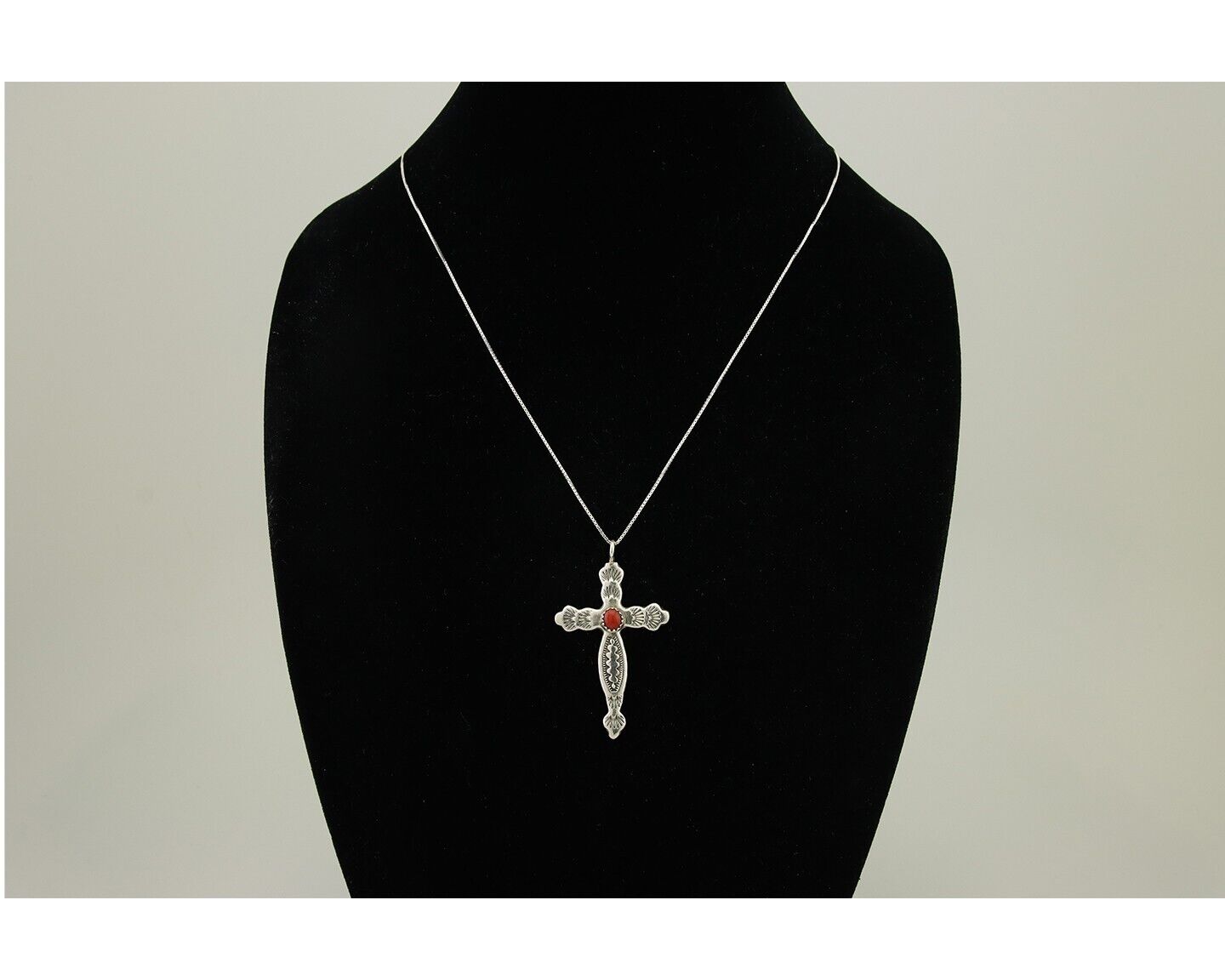 Navajo Cross Necklace 925 Silver Mediterranean Coral Native American Artist C80s