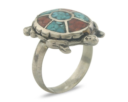 Navajo Ring 925 Silver Inlaid Turtle Turquoise & Coral C.80's Size 8.25