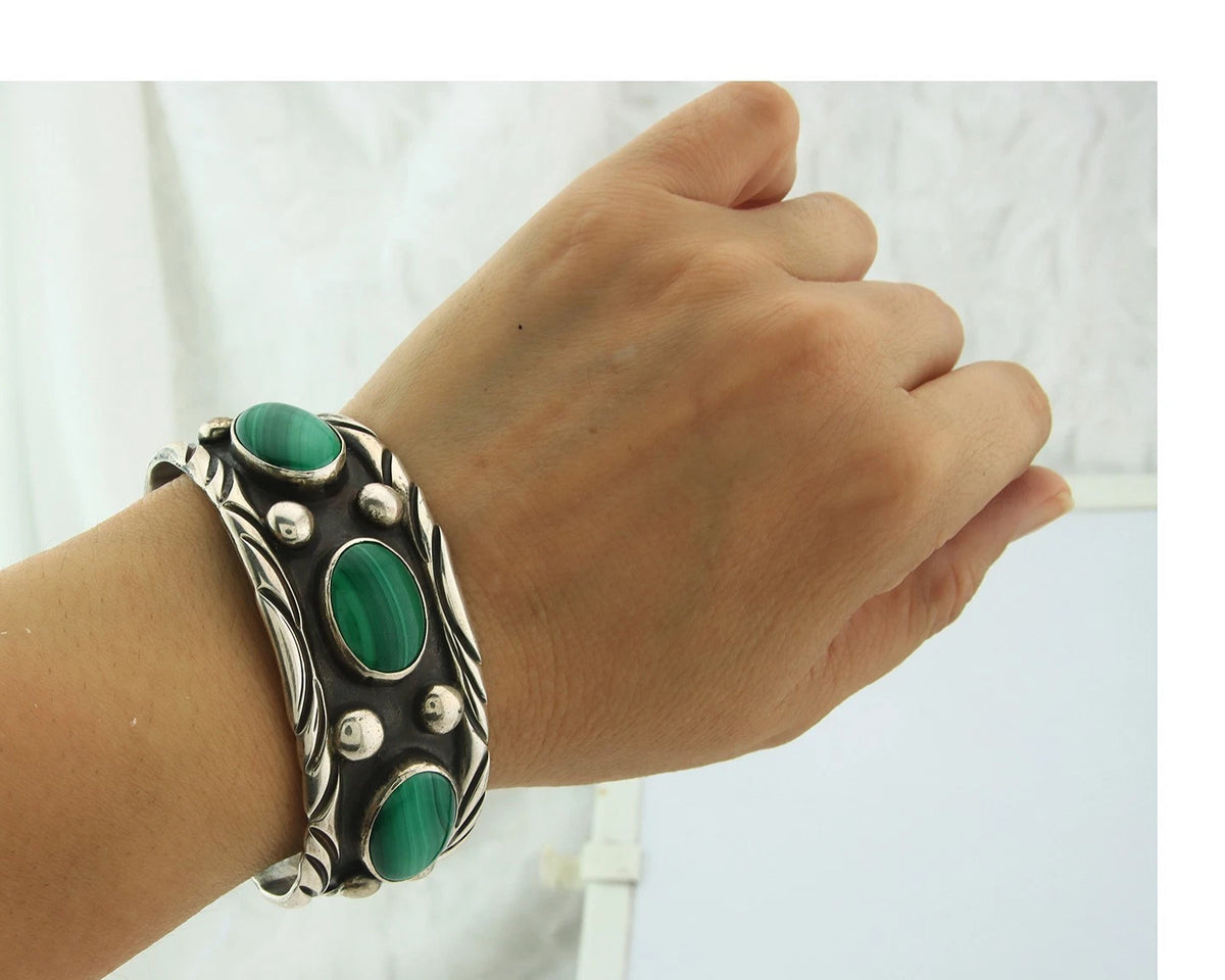 Men Navajo Cuff Bracelet Sterling Silver Malachite Vintage Signed C Montoya