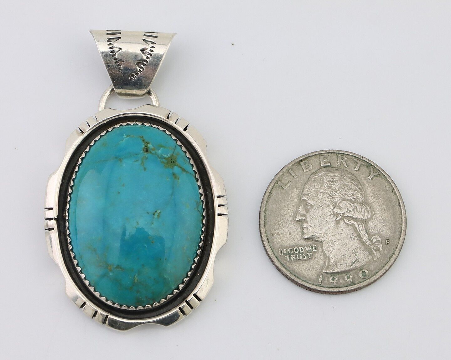 Navajo Pendant 925 Silver Kingman Turquoise Native American Artist C.80's