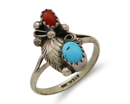 Navajo Handmade Ring 925 Silver Turquoise & Coral Native Artist C.80's