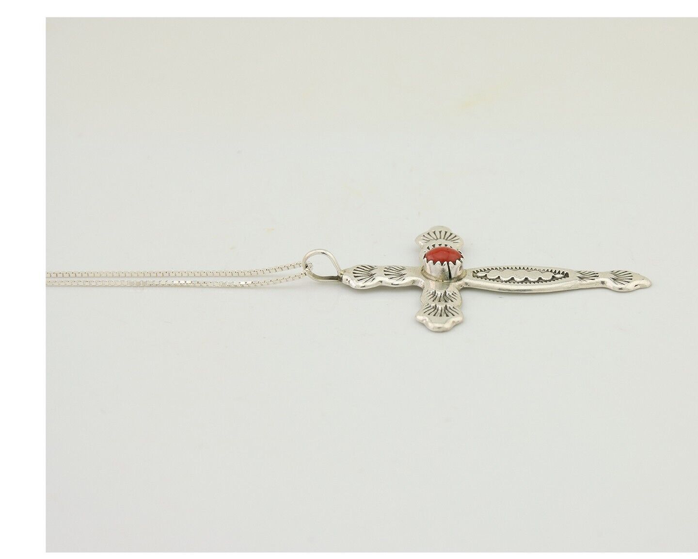 Navajo Cross Necklace 925 Silver Mediterranean Coral Native American Artist C80s