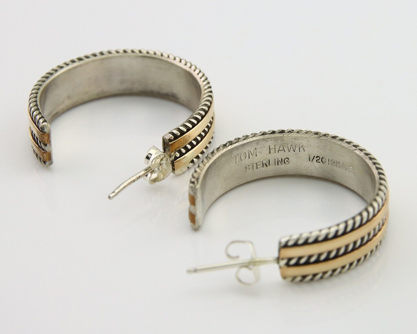 Navajo Earrings 925 Silver & Gold Handmade Artist Signed Tom Hawk C.80's