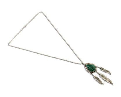 Large Navajo Pendant 925 Silver Natural Malachite Native American Artist C.80's