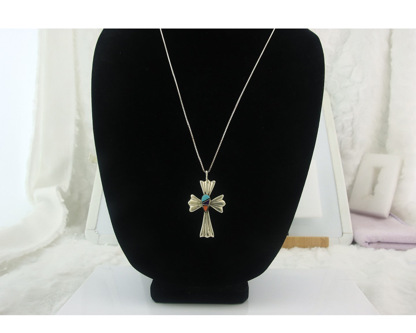 Navajo Cross Necklace Sterling Silver Authentic Natural Gemstones Signed M