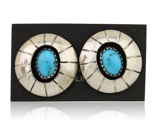 Navajo Shield Earrings 925 Silver Natural Blue Turquoise Artist Signed P C.80s