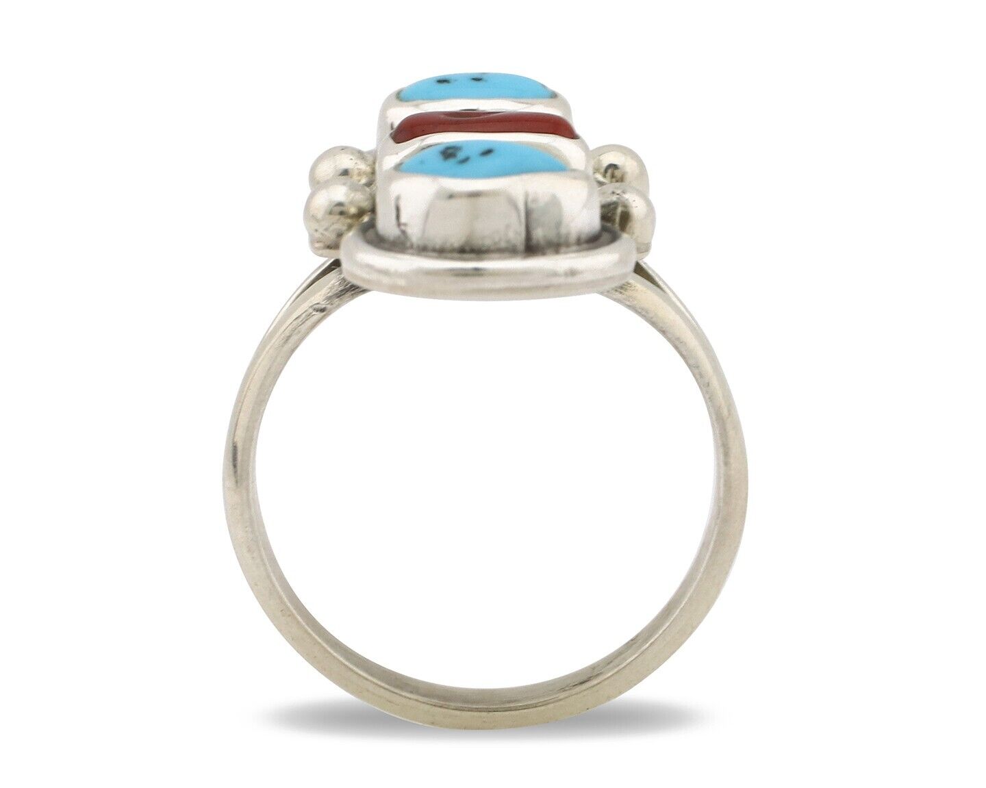Navajo Ring 925 Silver Sleeping B Turquoise & Coral Native American Artist C.80s