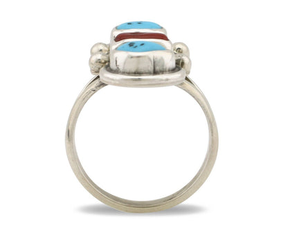 Navajo Ring 925 Silver Sleeping B Turquoise & Coral Native American Artist C.80s