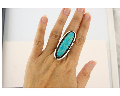 Navajo Ring 925 Sterling Natural Mined Turquoise Signed USA C.80's Size 7.5