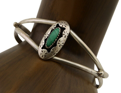 Navajo Hand Stamped Cuff Bracelet Malachite 925 Silver Artist Signed IJC C.80's
