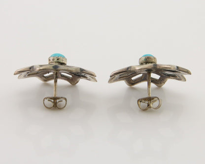 Navajo Flower Earrings 925 Silver Natural Turquoise Native Artist C.80's