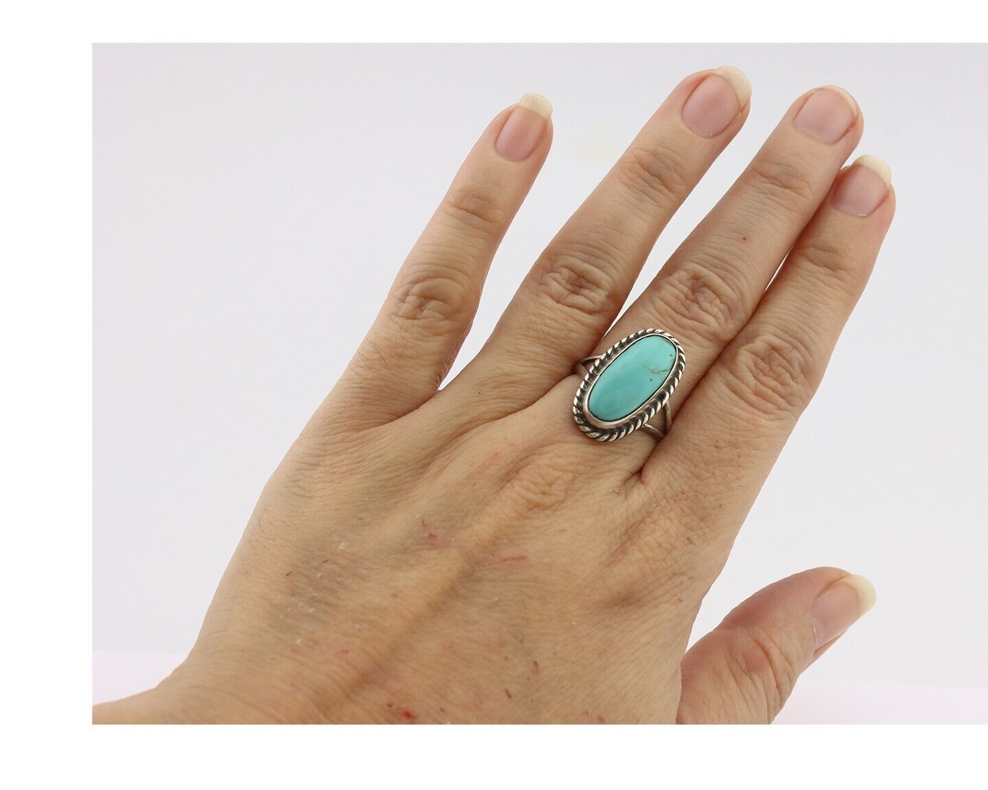 Navajo Ring 925 Silver Natural Kingman Turquoise Signed M Montoya C.80's