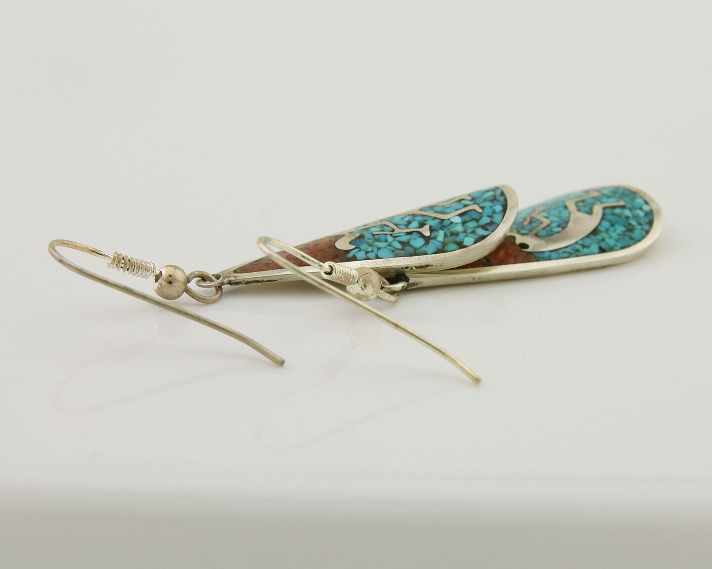 Navajo Kokopelli Earrings 999 Nickel Chip Inlay Turquoise Coral Native American