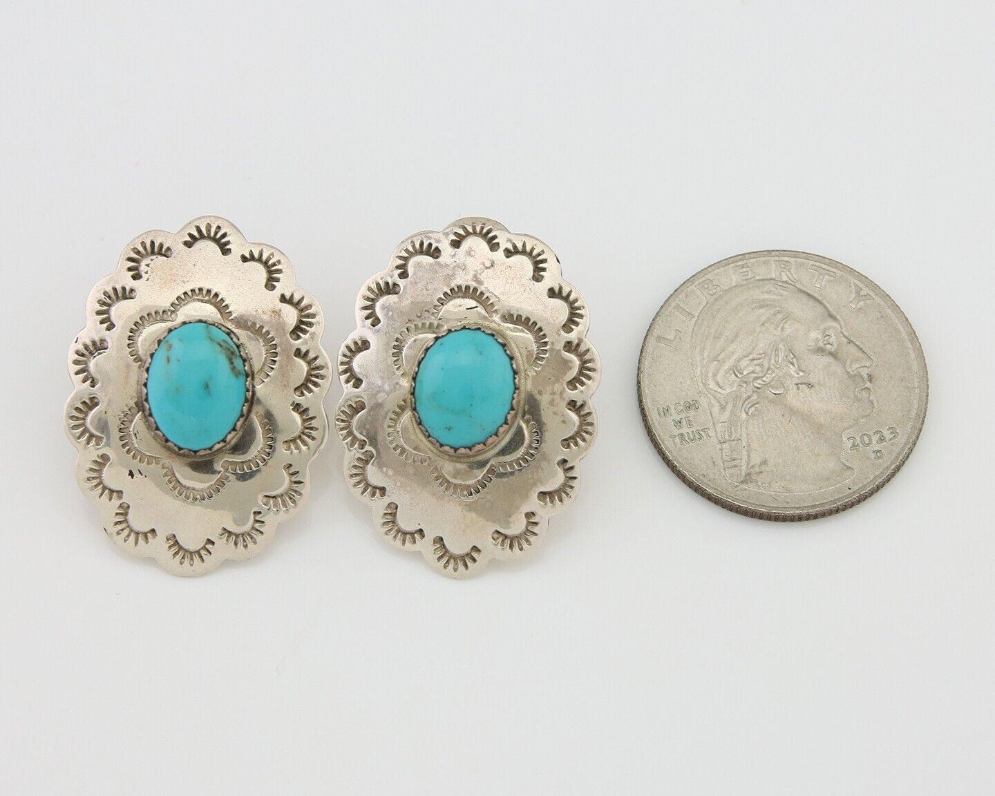 Navajo Hand Stamped Earrings 925 Silver Natural Turquoise Native Artist C.80's