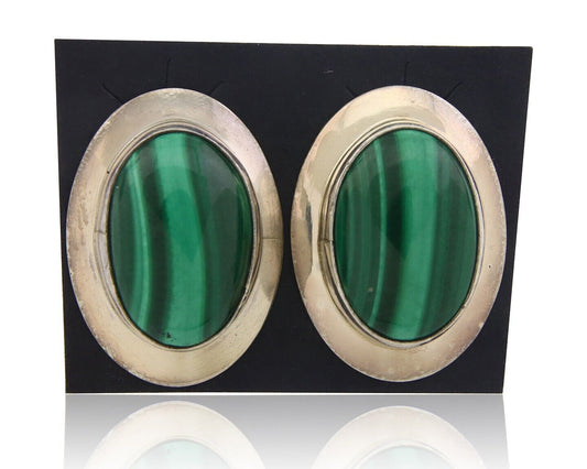 Navajo Earrings 925 Silver Natural Malachite Native American Artist C.80's