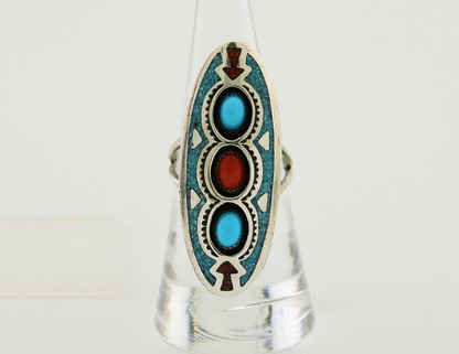 Navajo Handmade Ring 925 Silver Coral & Turquoise Signed Circle JW C.80's