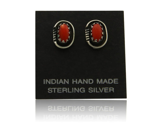Navajo Earrings 925 Silver Natural Red Coral Native American Artist C.80's