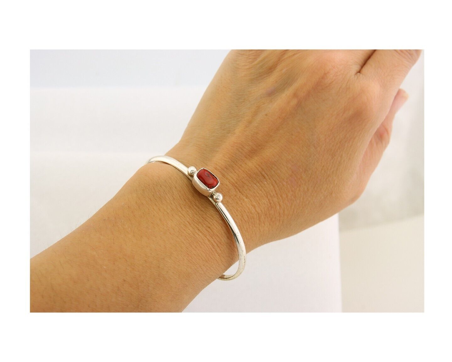 Navajo Bracelet .925 Silver Natural Red Coral Cuff Native American Artist C.80's