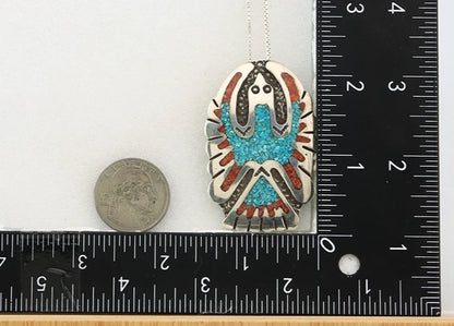 Navajo Phoenix Necklace Sterling Silver Turquoise & Coral Signed RP