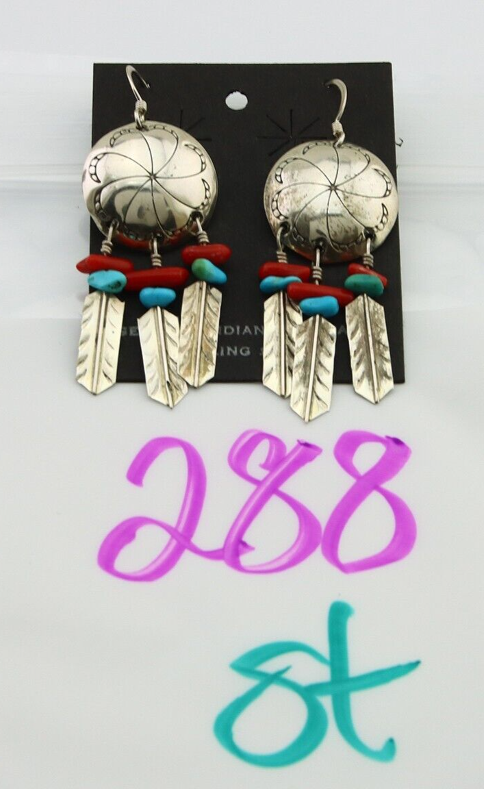 Navajo Earrings 925 Silver Turquoise & Coral Native American Artist C.80's