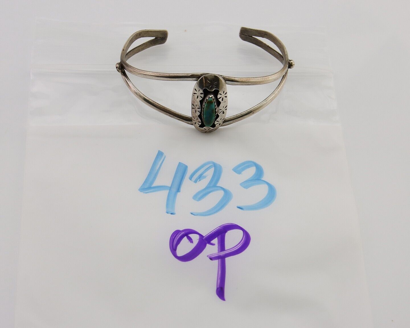 Navajo Hand Stamped Cuff Bracelet Turquoise 925 Silver Artist Signed IJC C.80's