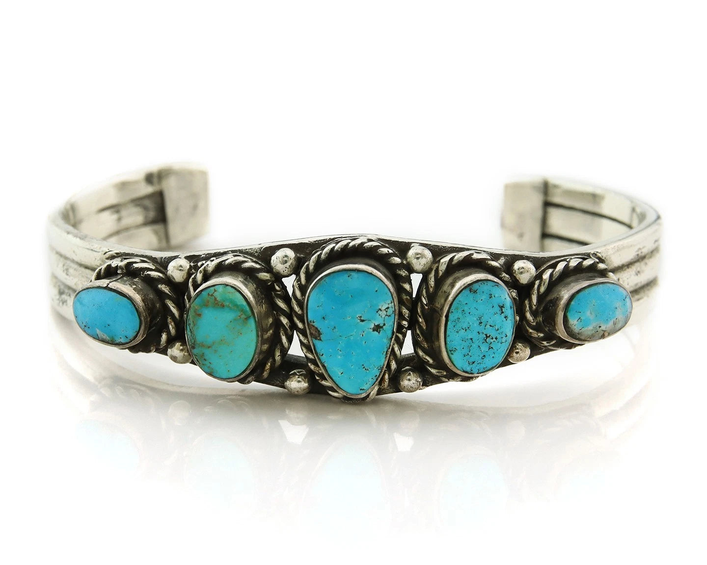 Navajo Cuff Bracelet Sterling Silver Turquoise Handmade Vintage Signed JN
