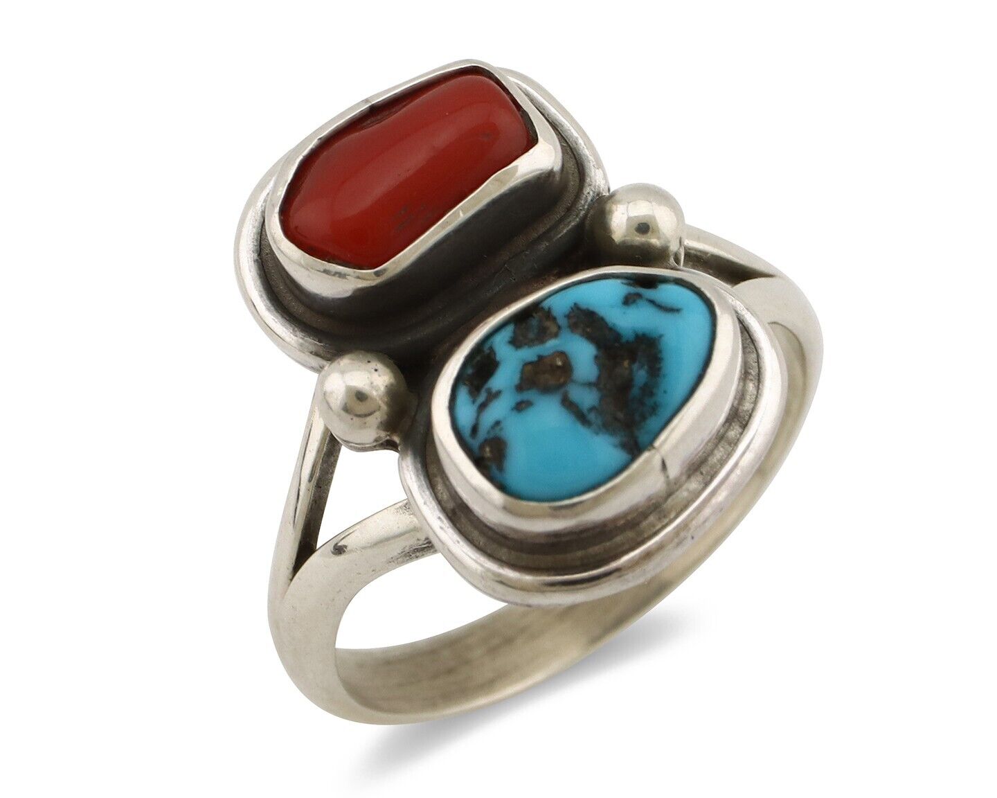 Navajo Ring 925 Silver SB Turquoise & Red Coral Native American Artist C.80s 312