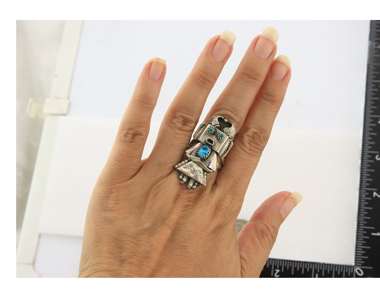 Navajo Kachina Ring Sterling Silver Blue Turquoise Vintage Artist Signed Sz 7.25
