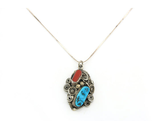 Navajo Necklace Sterling Silver Turquoise & Coral Authentic Vintage Handmade