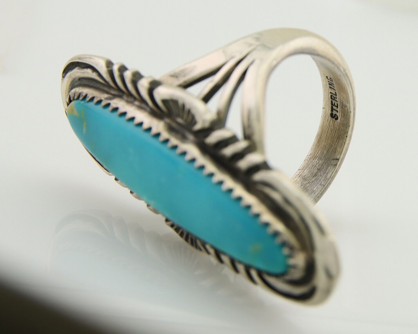 Navajo Hand Stamped Ring 925 Silver Turquoise Native Artist Begay C.80's