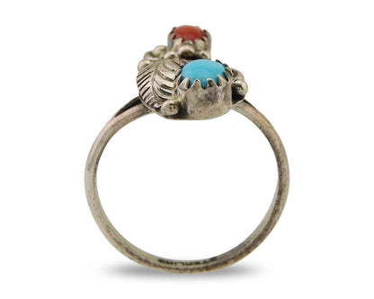 Navajo Handmade Ring 925 Silver Turquoise & Coral Native Artist C.80's