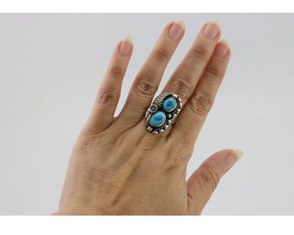 Navajo Ring 925 Silver Natural Blue Turquoise Artist Signed SC C.80's Size 7.0