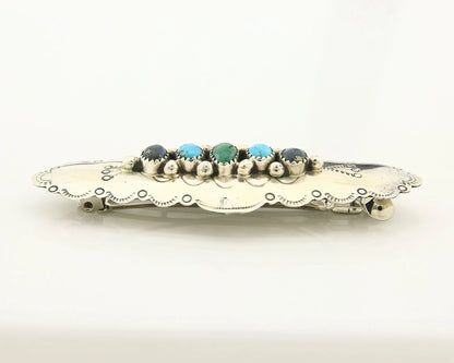 Navajo Barrette Sterling Silver Gemstones Hand Stamped Vintage Native Artist