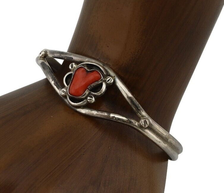 Navajo Bracelet 925 Silver Natural Red Coral Native American Artist C.80's