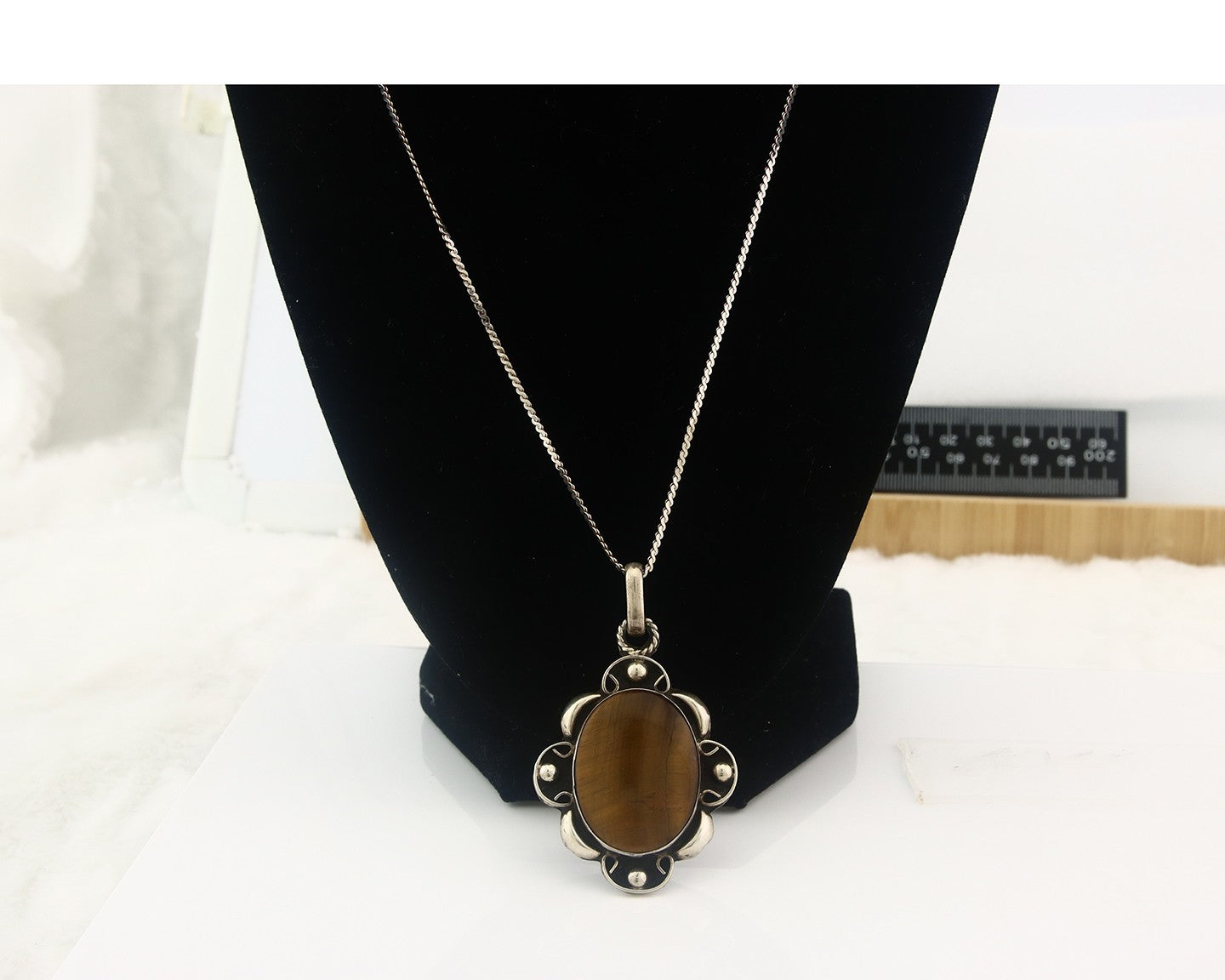 Navajo Sterling Silver Necklace Authentic Tiger Eye Sapphire Vintage Handmade