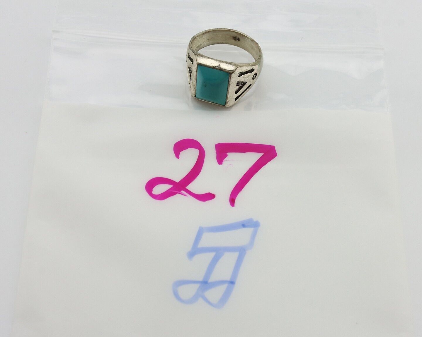 Navajo Ring 925 Silver Kingman Turquoise Signed Sun Bell Silver Company C.80's