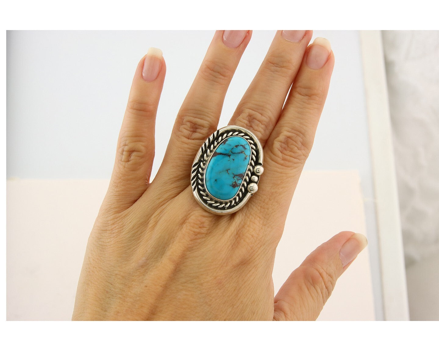 Navajo Ring 925 Sterling Natural Blue Turquoise Signed Ben S C.80's Size 9.75