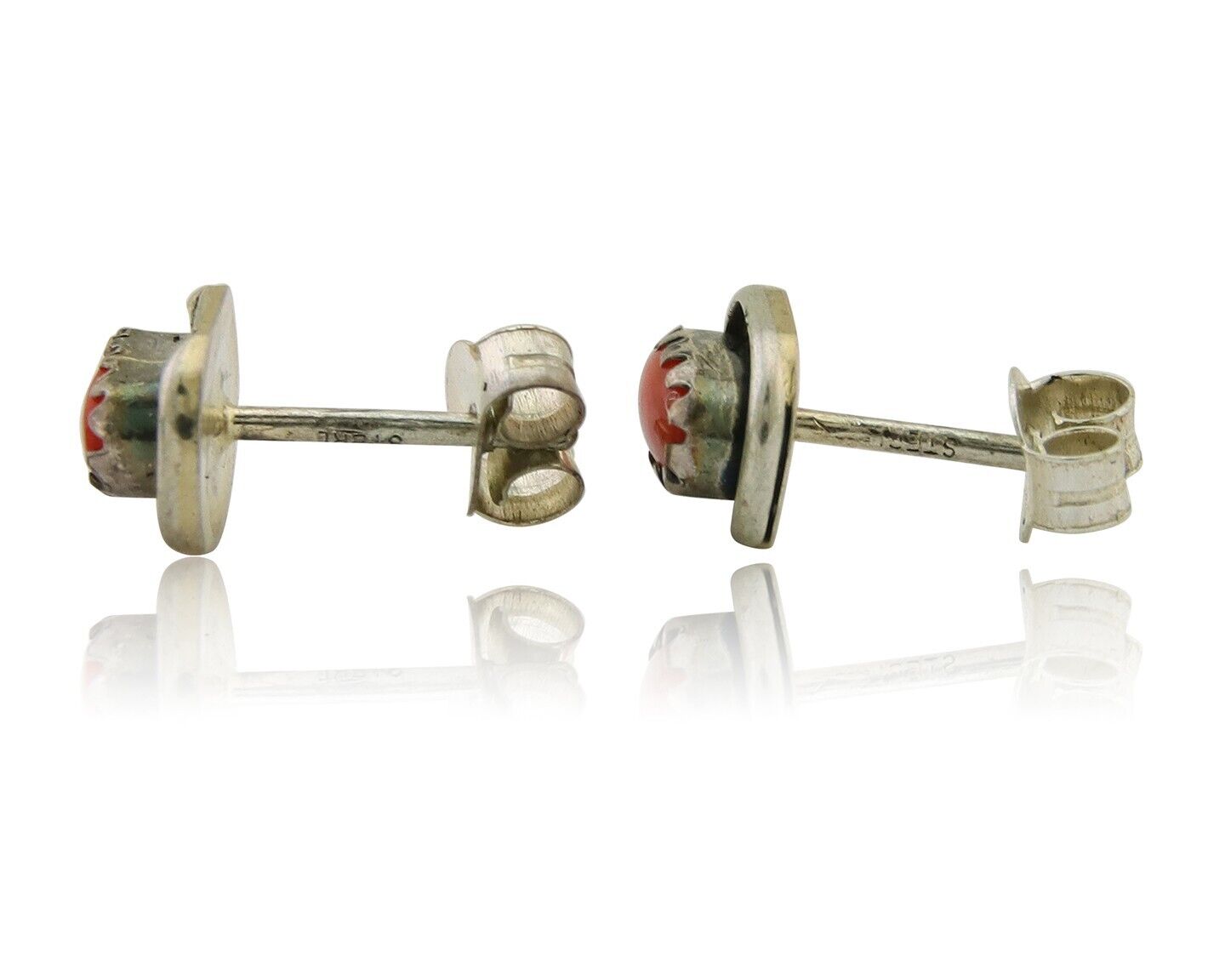 Navajo Earrings 925 Silver Natural Red Coral Native American Artist C.80's