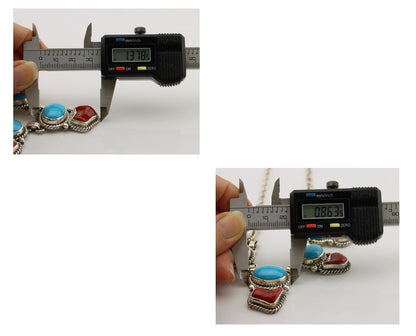 Navajo Necklace 925 Silver Natural Blue Turquoise & Coral Native American C80s