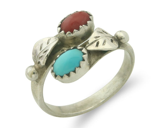 Vintage Navajo Ring 925 Sterling Turquoise & Coral Native Artist Size Adjustable