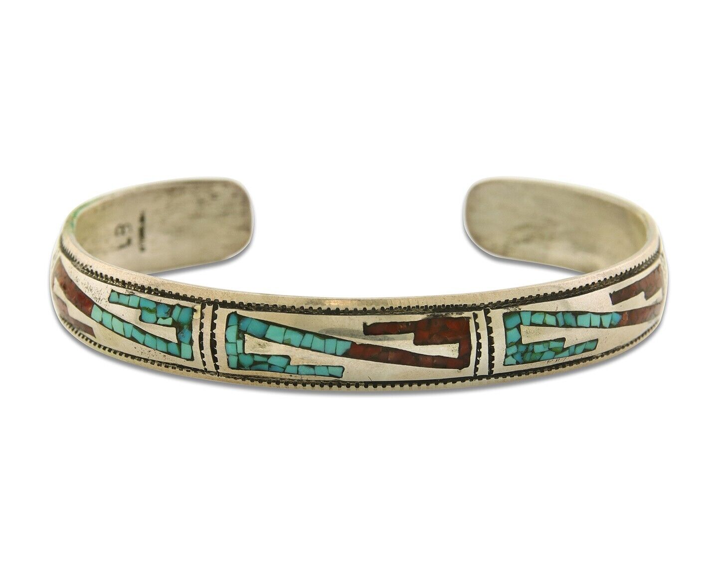 Navajo Bracelet 925 Silver Inlaid Coral & Turquoise Cuff Artist Signed LB C.80's