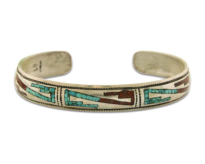Navajo Bracelet 925 Silver Inlaid Coral & Turquoise Cuff Artist Signed LB C.80's