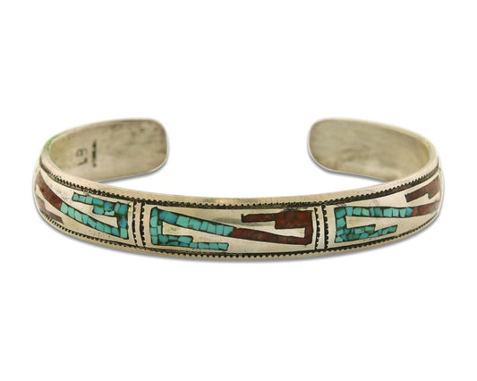 Navajo Bracelet 925 Silver Inlaid Coral & Turquoise Cuff Artist Signed LB C.80's