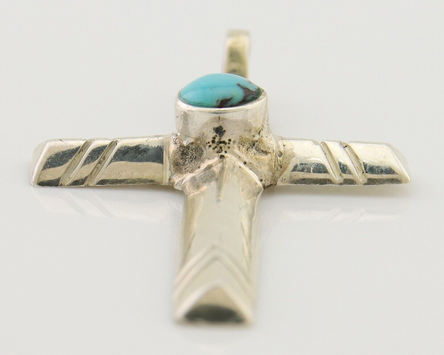 Navajo Sand Cast Cross Pendant 925 Silver Turquoise Artist Signed J Yazzie C.80s