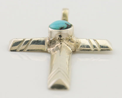 Navajo Sand Cast Cross Pendant 925 Silver Turquoise Artist Signed J Yazzie C.80s