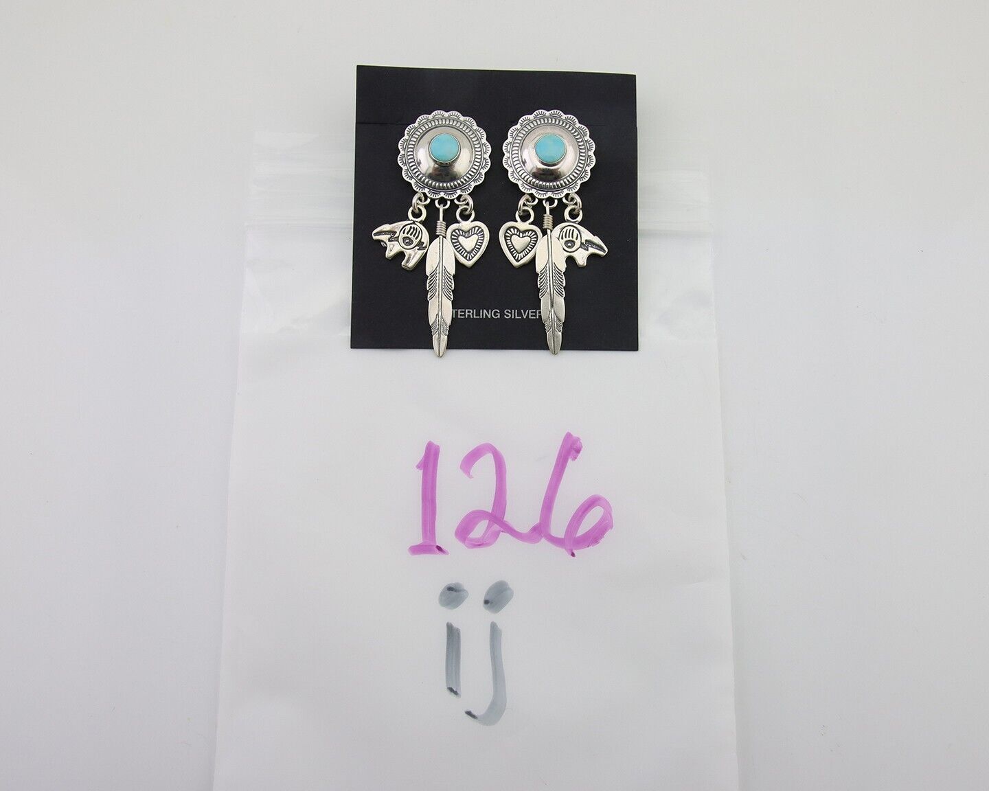 Navajo Concho Dangle Bear Feather Heart Earrings 925 Silver Natural Turquoise