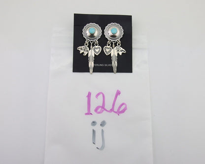 Navajo Concho Dangle Bear Feather Heart Earrings 925 Silver Natural Turquoise