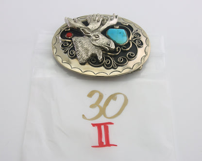 Navajo Belt Buckle .999 Nickel Buffalo Gemstone Signed 2.35 x 3.0 in C.80's