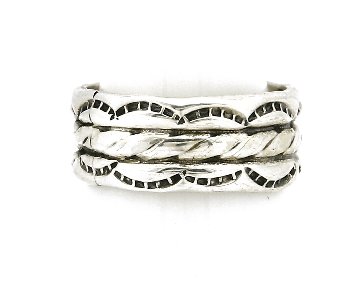 Navajo Ring .925 Silver Handmade Hand Stamped 3 Row Rope Band C.1980's